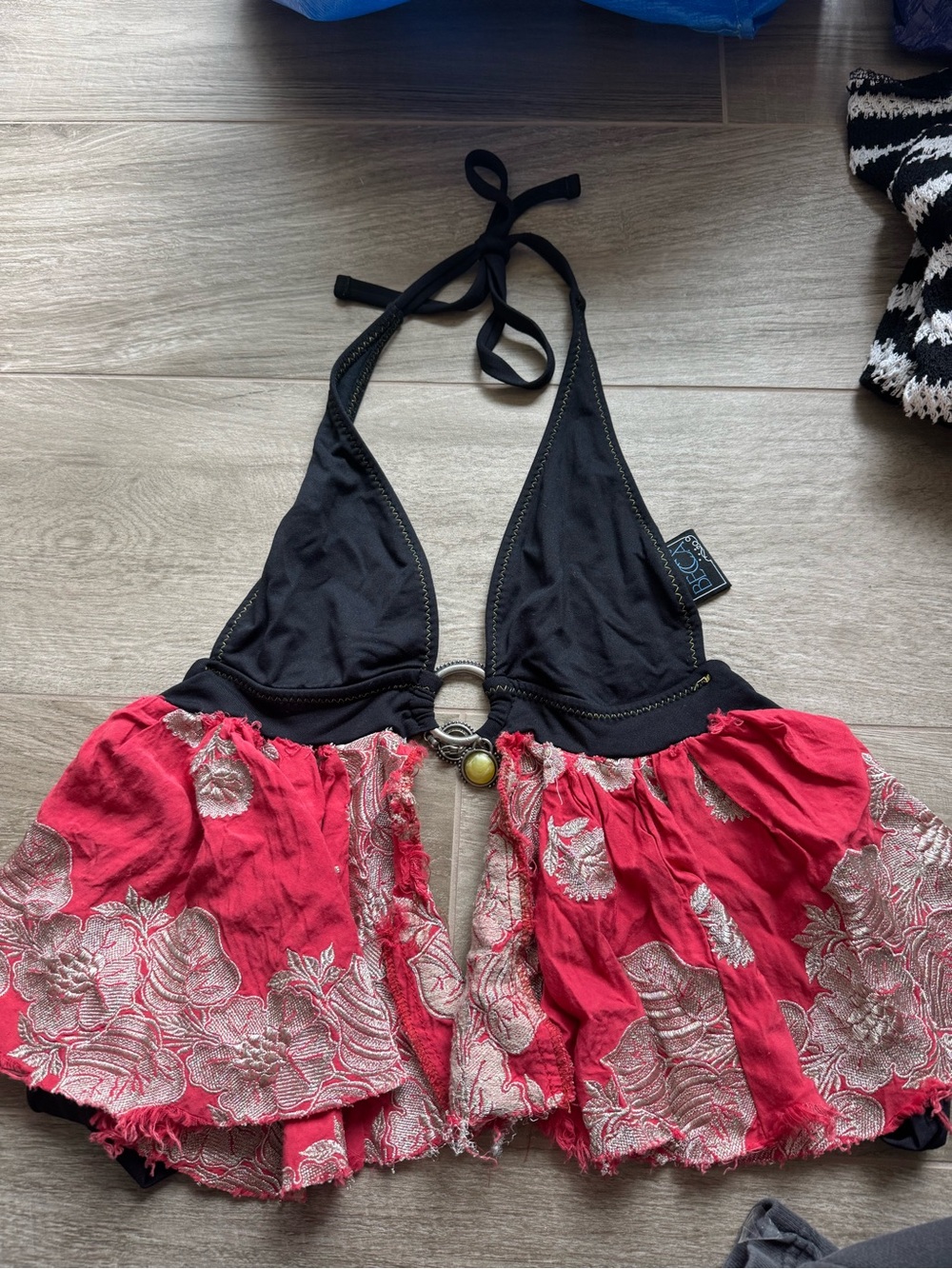 Handmade Boho Halter Babydoll Swim Top - Black & Coral Pink